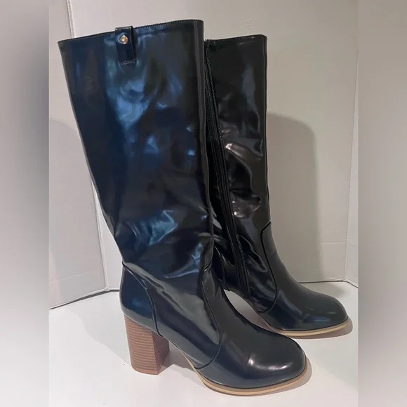 Leila Stone Vegan Black Patent Leather Cynira Knee-High Boots Block Heel Size 10 - Picture 4 of 12